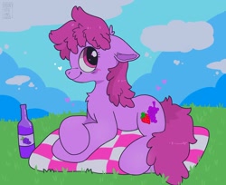 Size: 2026x1657 | Tagged: safe, artist:spookyfoxinc, derpibooru import, berry punch, berryshine, earth pony, pony, alcohol, background pony, cloud, cloudy, drunk, female, fluffy, go home you're drunk, grass, mare, scenery, sitting, solo, wine