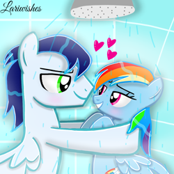 Size: 1300x1300 | Tagged: safe, artist:mlplary6, derpibooru import, rainbow dash, soarin', pegasus, pony, bedroom eyes, blushing, female, handsome, heart, lidded eyes, looking at each other, looking at someone, male, mare, romance, romantic, sexy, shipping, shower, showering, smiling, smiling at each other, soarindash, stallion, straight, stupid sexy rainbow dash, stupid sexy soarin', wet, wet mane