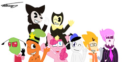 Size: 1024x516 | Tagged: safe, derpibooru import, pinkie pie, crossover, danger dolan, invader zim, simple background, wander (wander over yonder), wander over yonder, white background