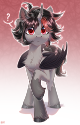 Size: 2000x3100 | Tagged: safe, artist:hakaina, derpibooru import, oc, oc only, oc:bezou, demon, demon pony, abstract background, bat wings, cheek fluff, chest fluff, coat markings, curious, cute, demon horns, fangs, fluffy, high res, hoof fluff, horns, looking at you, ocbetes, question mark, raised hoof, raised leg, red eyes, shadow, signature, simple background, socks (coat marking), unshorn fetlocks, wings