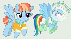 Size: 1209x661 | Tagged: safe, artist:guihercharly, derpibooru import, edit, rainbow dash, windy whistles, pegasus, pony, parental glideance, scare master, astrodash, astronaut, clothes, costume, duo, duo female, female, flying, frown, gray background, mare, mother and child, mother and daughter, parent and child, simple background, smiling, space helmet, spread wings, vector, vector edit, wings