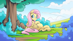 Size: 1920x1080 | Tagged: safe, artist:mysticalpha, derpibooru import, fluttershy, pegasus, pony, bush, butt, female, flutterbutt, looking back, lying down, mare, on side, outdoors, plot, smiling, solo, tree, underhoof