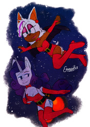 Size: 750x1065 | Tagged: safe, artist:rtisticmoulton, derpibooru import, rarity, anthro, bat, unicorn, arms spread out, clothes, flying, jetpack, leotard, night, rouge the bat, smiling, snow, sonic the hedgehog (series), spread wings, traditional art, wings