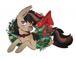 Size: 1820x1423 | Tagged: safe, artist:cerealcowboy1, derpibooru import, oc, oc only, oc:cyrus, bat pony, pony, bat pony oc, blushing, bowtie, christmas wreath, clothes, heterochromia, simple background, socks, solo, white background, wreath