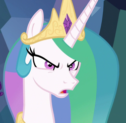 Size: 1112x1080 | Tagged: safe, derpibooru import, edit, edited screencap, screencap, princess celestia, rarity, alicorn, pony, unicorn, season 9, the ending of the end, spoiler:s09, angry, bust, cropped, crown, duo, duo female, female, frown, jewelry, mare, offscreen character, open mouth, regalia, solo focus