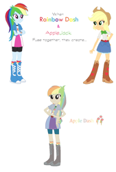Size: 804x1188 | Tagged: safe, artist:goupix-flocon, derpibooru import, applejack, rainbow dash, equestria girls, belt buckle, boots, brown eyes, clothes, fusion, high heel boots, jacket, multicolored hair, multiple arms, rainbow hair, rubber band, shoes, simple background, white background