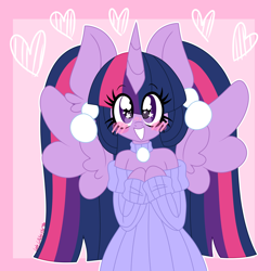 Size: 3000x3000 | Tagged: safe, artist:ladylullabystar, derpibooru import, twilight sparkle, twilight sparkle (alicorn), alicorn, semi-anthro, arm hooves, big ears, blushing, clothes, ears, pigtails, solo, starry eyes, sweater, wingding eyes