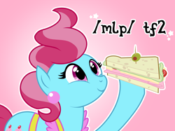 Size: 2732x2048 | Tagged: safe, artist:mistress midnight, derpibooru import, cup cake, earth pony, pony, /mlp/ tf2 general, female, food, hoof hold, mare, sandvich, sandwich, smiling, solo, team fortress 2, text