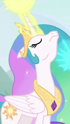 Size: 609x1080 | Tagged: safe, derpibooru import, screencap, princess celestia, alicorn, pony, the ending of the end, cropped, eyes closed, glowing, glowing horn, horn, nose in the air, solo
