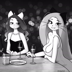 Size: 2480x2480 | Tagged: safe, artist:katputze, derpibooru import, oc, oc only, oc:crimson sunset, abyssinian, anthro, unicorn, abyssinian oc, alcohol, big breasts, black and white, blushing, breasts, champagne, champagne glass, cleavage, clothes, dress, drink, duo, duo female, eye clipping through hair, eyebrows, eyebrows visible through hair, eyes on the prize, female, glass, grayscale, grin, huge breasts, jewelry, looking at you, monochrome, necklace, signature, small breasts, smiling, smiling at you, wine, wine glass