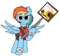 Size: 3035x2858 | Tagged: artist needed, safe, derpibooru import, edit, rainbow dash, pegasus, pony, /mlp/ tf2 general, bandage, clothes, conscientious objector, demoman, female, flower, headband, mare, microphone, scout, shirt, sign, simple background, sunflower, transparent background