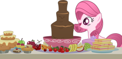 Size: 3040x1468 | Tagged: safe, artist:princess lily brush, artist:tanahgrogot, derpibooru import, oc, oc only, oc:annisa trihapsari, earth pony, pony, apple, base used, cake, cherry, chocolate fountain, cute, earth pony oc, female, food, grapes, happy, imminent nom, mare, medibang paint, not pinkie pie, not rarity, ocbetes, open mouth, open smile, orange, pie, pineapple, sandwich, simple background, smiling, solo, strawberry, transparent background