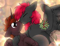 Size: 2100x1584 | Tagged: safe, artist:mariashek, derpibooru import, oc, oc:hardy, oc:rosetta hask, alicorn, pegasus, alicorn oc, horn, kissing, pegasus oc, wings