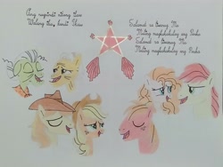 Size: 4160x3120 | Tagged: safe, artist:don2602, derpibooru import, applejack, big macintosh, braeburn, bright mac, grand pear, granny smith, pear butter, earth pony, pony, comic:star of christmas, abs cbn all star, cowboy hat, eyes closed, filipino, hat, lantern, looking at each other, looking at someone, looking up, shawl, singing, song reference, traditional art, translated in the description