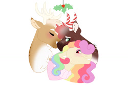 Size: 1280x854 | Tagged: safe, artist:itstechtock, derpibooru import, oc, oc only, oc:holly jolly jubilee, oc:sugary sweet, oc:sweater weather, deer, pony, reindeer, holly, holly mistaken for mistletoe, simple background, white background