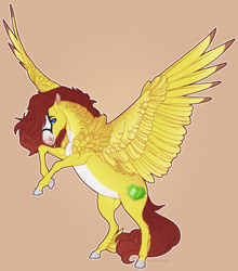 Size: 1280x1455 | Tagged: safe, artist:sadelinav, derpibooru import, oc, pegasus, pony, brown mane, hoers, pegasus oc, pretty, realistic anatomy, realistic horse legs, semi-realistic, simple background, solo, yellow fur