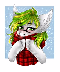 Size: 1789x2160 | Tagged: safe, artist:gstas, derpibooru import, oc, oc only, oc:white night, earth pony, clothes, ear fluff, ears, glasses, looking at you, rule 63, scarf, snow, snowfall, solo, striped scarf, unshorn fetlocks