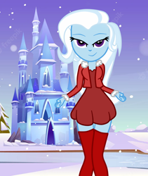 Size: 844x1000 | Tagged: safe, artist:3d4d, artist:gmaplay, derpibooru import, trixie, equestria girls, castle, christmas, clothes, costume, holiday, santa costume, snow, snowfall, socks, solo, thigh highs