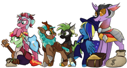 Size: 2000x1080 | Tagged: safe, artist:metaruscarlet, derpibooru import, oc, oc only, oc:cocoa berry, oc:halcyon halfnote, oc:larynx (changeling), oc:lobelya, oc:wild goosechase, changedling, changeling, dragon, earth pony, kirin, pegasus, pony, unicorn, 2023 community collab, acoustic guitar, armor, bag, bandage, bandana, belt, boots, changedling oc, changeling oc, clothes, coin, derpibooru community collaboration, dragon oc, dungeons and dragons, fantasy class, female, freckles, grin, guitar, hair over one eye, hat, helmet, hoof shoes, kirin oc, looking at each other, looking at someone, lute, male, mare, mask, money bag, multicolored hair, musical instrument, non-pony oc, nonbinary, one eye closed, pants, pen and paper rpg, raised hoof, raised leg, robe, rpg, shield, shirt, shoes, simple background, sitting, smiling, stallion, transparent background, treasure chest, unnamed oc, vest, wall of tags, wink, witch hat