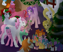 Size: 1024x838 | Tagged: artist needed, source needed, safe, derpibooru import, galaxy (g1), spike (g1), surprise, oc, pony, christmas, holiday, pony oc, surprise (g1)