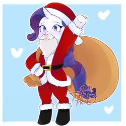 Size: 1280x1280 | Tagged: safe, artist:thatfrann, derpibooru import, rarity, pony, unicorn, belt, bipedal, blue background, boots, christmas, clothes, costume, fake beard, female, hat, heart, holiday, looking at you, mare, sack, santa beard, santa claus, santa costume, santa hat, santa sack, shoes, simple background, solo, standing