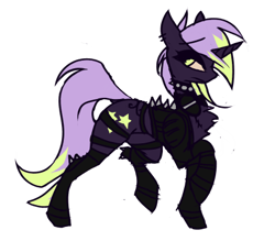 Size: 441x387 | Tagged: source needed, safe, artist:fenixdust, derpibooru import, oc, oc only, oc:lucky stars, pony, unicorn, choker, looking at you, raised hoof, raised leg, simple background, solo, walking, white background