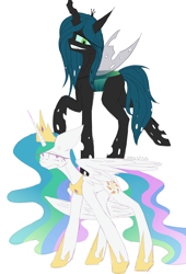Size: 1700x2500 | Tagged: safe, artist:anastas, derpibooru import, princess celestia, queen chrysalis, alicorn, changeling, changeling queen, pony, g4, angry, bipedal, cross-popping veins, crown, ears back, emanata, female, flowing mane, jewelry, regalia, simple background, smiling, standing, sternocleidomastoid, white background