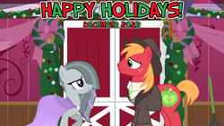 Size: 2064x1161 | Tagged: safe, artist:cartoonlover826, artist:not-yet-a-brony, artist:sonofaskywalker, derpibooru import, big macintosh, marble pie, earth pony, pony, 2022, applejack's barn, bittersweet, christmas, december, duo, female, friends, friendship, happy holidays, hearth's warming, heartwarming, holiday, honorary cousin, i wish you love, implied sugarmac, just friends, looking at each other, looking at someone, lyrics in the description, male, mare, party, platonic, ship sinking, smiling, smiling at each other, song reference, stallion, youtube link in the description