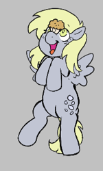 Size: 193x321 | Tagged: safe, artist:dsstoner, derpy hooves, pegasus, pony, aggie.io, balancing, female, flying, food, looking up, lowres, mare, muffing, open mouth, simple background, smiling, spread wings, wings