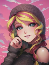 Size: 512x682 | Tagged: safe, derpibooru import, editor:sammykun, generator:novelai, generator:stable diffusion, machine learning generated, sunset shimmer, human, equestria girls, beanie, beautiful, bust, clothes, female, hat, humanized, link in description, looking at you, pixiv, portrait, sky, smiling, solo, sweater, the quality of ai art is frightening