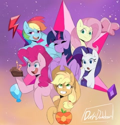 Size: 3024x3151 | Tagged: safe, artist:darkdoubloon, derpibooru import, applejack, fluttershy, pinkie pie, rainbow dash, rarity, twilight sparkle, twilight sparkle (alicorn), alicorn, earth pony, pegasus, pony, unicorn, applejack's hat, cake, clothes, cowboy hat, element of generosity, element of honesty, element of kindness, element of laughter, element of loyalty, element of magic, elements of harmony, female, food, freckles, hat, mane six, mare, smiling, stars, stetson