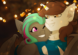 Size: 3508x2480 | Tagged: safe, artist:sinrinf, derpibooru import, oc, bat pony, pegasus, pony, cheek squish, chest fluff, christmas, christmas lights, commission, couple, cuddling, duo, fangs, holiday, jewelry, ring, smiling, squishy cheeks, ych result