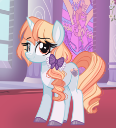 Size: 2612x2866 | Tagged: safe, artist:emberslament, derpibooru import, discord, oc, oc only, oc:porcelain teapot, pony, unicorn, blaze (coat marking), bow, canterlot castle, clothes, coat markings, facial markings, female, hair bow, heart, heart eyes, looking at you, maid, mare, socks (coat marking), solo, stained glass, stained glass window, wingding eyes