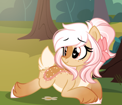 Size: 2903x2516 | Tagged: safe, artist:emberslament, derpibooru import, oc, oc only, oc:cinnamon rose, deer, deer pony, original species, bow, butt fluff, cute, female, forest background, hair bow, heart, heart eyes, high res, looking at something, looking back, ocbetes, solo, tail, tail fluff, tree, unshorn fetlocks, wingding eyes