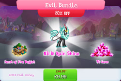 Size: 1269x855 | Tagged: safe, derpibooru import, rain shine, kirin, nirik, bucket, bundle, bush, costs real money, crown, english, fangs, female, fire, gameloft, gem, horn, jewelry, mane of fire, mobile game, my little pony: magic princess, numbers, official, plate, regalia, sale, solo, table, text