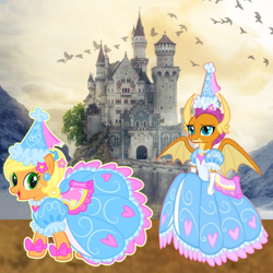 Size: 1080x1080 | Tagged: safe, artist:darlycatmake, derpibooru import, applejack, smolder, bird, dragon, earth pony, pony, bow, castle, clothes, cute, dragon wings, dragoness, dress, duo, duo female, ear piercing, fanart, female, flower, flower in hair, froufrou glittery lacy outfit, gloves, happy, hat, hennin, hill, jewelry, long gloves, mountain, necklace, piercing, princess applejack, princess smolder, smiling, smolderbetes, spread wings, wings