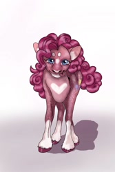 Size: 683x1024 | Tagged: safe, artist:princessglitzy, derpibooru import, pinkie pie, earth pony, pony, female, mare, redesign, simple background, smiling, solo, unshorn fetlocks, white background