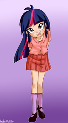 Size: 1389x2500 | Tagged: safe, artist:anibaruthecat, derpibooru import, twibooru import, twilight sparkle, human, arm behind back, belly button, braces, button-up shirt, child, clothes, commission, female, gradient background, humanized, leaning, leaning forward, mary janes, open mouth, outline, purple background, shoes, simple background, skirt, socks, solo, younger
