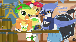 Size: 1920x1080 | Tagged: safe, artist:facelessjr, derpibooru import, oc, oc only, oc:gaela, oc:ginnie, bird, blue jay, griffon, alcohol, apron, barrel, barrels, beak, bedroom eyes, beer, bell, bracelet, chest fluff, clothes, cute, dialogue, dirndl, dress, duo, duo female, female, folded wings, griffon oc, hat, jewelry, leaning, looking at you, mug, on table, pose, ribbon, shoes, socks, sparkly eyes, talons, target, tavern, wingding eyes, wings, working