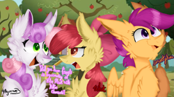 Size: 1723x963 | Tagged: safe, artist:4agonism, derpibooru import, apple bloom, scootaloo, sweetie belle, earth pony, pegasus, pony, unicorn, :3, apple, apple bloom is not amused, apple bloom's bow, apple tree, bow, cheek fluff, chest fluff, clubhouse, crusaders clubhouse, curved horn, cutie mark crusaders, ear fluff, ears, female, filly, foal, google experimenting on elon musk with kitten chemicals, hair bow, horn, leg fluff, looking at each other, looking at someone, looking sideways, meme, open mouth, open smile, raised hoof, raised leg, smiling, spread wings, starry eyes, talking, tree, trio, trio female, unamused, wingding eyes, wings