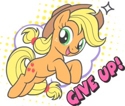 Size: 320x270 | Tagged: safe, artist:plushifoxed, derpibooru import, applejack, earth pony, pony, applejack's hat, clothes, cowboy hat, dissonant caption, female, freckles, give up, hat, mare, open mouth, simple background, solo, sticker, subversive kawaii, text, white background