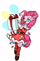 Size: 3946x6000 | Tagged: safe, artist:ph平和, derpibooru import, pinkie pie, pony, bipedal, blinking, boots, box, candy, candy cane, christmas, christmas stocking, clothes, costume, cutie mark, female, food, holiday, looking at you, santa costume, shoes, simple background, smiling, smiling at you, socks, solo, standing, white background