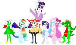 Size: 3425x2038 | Tagged: safe, artist:dupontsimon, derpibooru import, applejack, fluttershy, pinkie pie, rainbow dash, rarity, sci-twi, sunset shimmer, twilight sparkle, braixen, charizard, goodra, grovyle, latias, legendary pokémon, mewtwo, pokefied, pokémon, roserade, simple background, transparent background