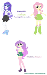 Size: 772x1240 | Tagged: safe, artist:prettycelestia, derpibooru import, fluttershy, oc, oc:windy mils, equestria girls, clothes, eyeshadow, fusion, gradient mane, hairclip, long socks, makeup, mary janes, school uniform, shoes, simple background, white background