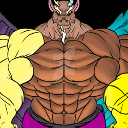 Size: 900x900 | Tagged: safe, artist:outlawmoruko, derpibooru import, discord, anthro, draconequus, big honkin' watermark in the middle of everything, black background, deltscord, deviantart watermark, fetish, male, muscle fetish, muscles, muscular male, obtrusive watermark, simple background, watermark