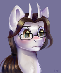 Size: 3000x3600 | Tagged: safe, artist:ske, derpibooru import, oc, oc only, dragon, hybrid, pony, autograph, blushing, chest fluff, ear fluff, ears, eyebrows, glasses, long hair, purple background, simple background, solo, tooth