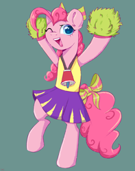 Size: 3590x4547 | Tagged: safe, artist:ske, derpibooru import, pinkie pie, earth pony, pony, bipedal, bow, cheerleader, cheerleader outfit, cheerleader pinkie, clothes, female, green background, hair bow, mare, megaphone, one eye closed, open mouth, pom pom, raised hoof, raised leg, simple background, skirt, solo, tail, tail bow