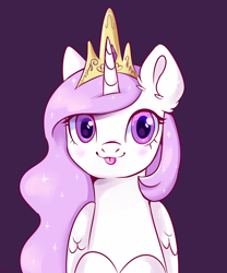 Size: 3000x3600 | Tagged: safe, artist:ske, derpibooru import, princess celestia, alicorn, pony, :p, cewestia, commission, cute, ear fluff, ears, female, filly, foal, folded wings, jewelry, looking at you, pink-mane celestia, purple background, regalia, simple background, solo, tongue, tongue out, wings, younger