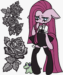 Size: 421x503 | Tagged: safe, artist:cutiesparke, derpibooru import, gummy, pinkie pie, earth pony, semi-anthro, bipedal, clothes, dress, ears back, flower, goth, gothic lolita, leggings, pinkamena diane pie, plushie, rose, simple background, solo, stockings, thigh highs, tights, white background