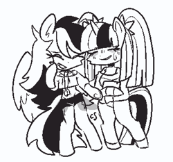 Size: 746x696 | Tagged: safe, artist:cutiesparke, derpibooru import, rainbow dash, twilight sparkle, pegasus, semi-anthro, unicorn, black and white, chest fluff, clothes, duo, ear fluff, ears, eyes closed, female, grayscale, grin, happy, jacket, lesbian, midriff, monochrome, pants, pigtails, shipping, short shirt, shorts, simple background, smiling, sweat, sweatdrop, sweater, twidash, twintails, white background